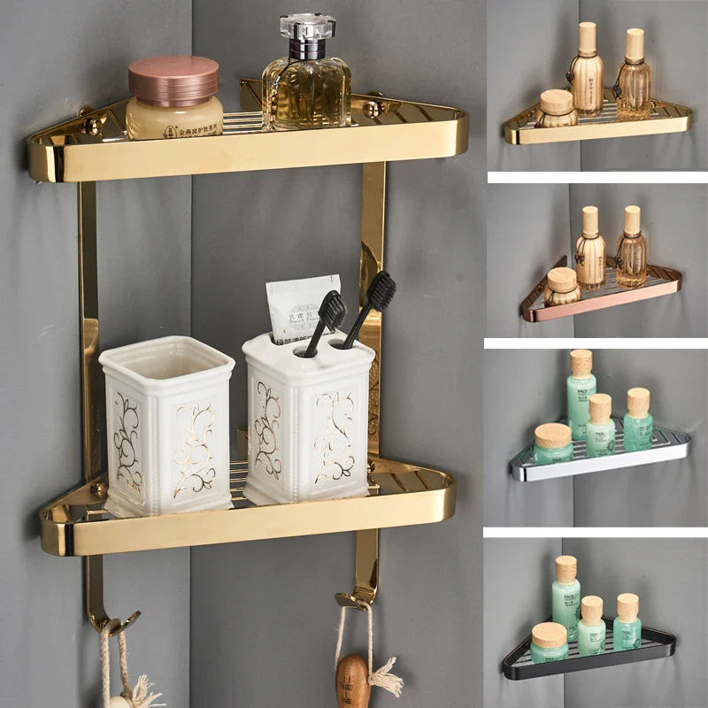 Afralia™ Brass Bathroom Shower Rack: Brushed Gold Corner Shelf for Bath and Shower Storage