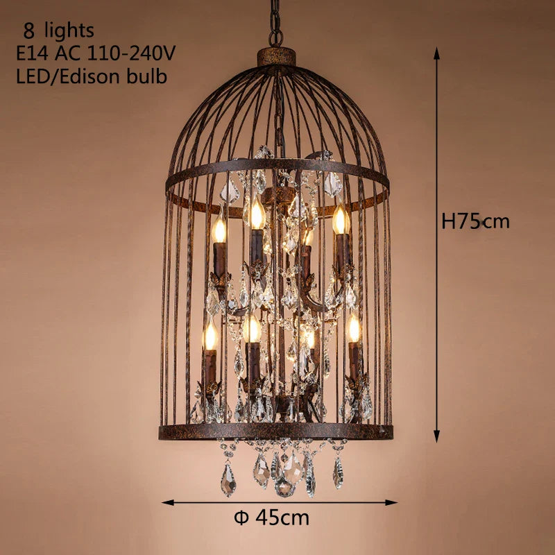 Afralia™ Retro Vintage Crystal Chandelier Wrought Iron Cage Lighting E14 220V Lamp