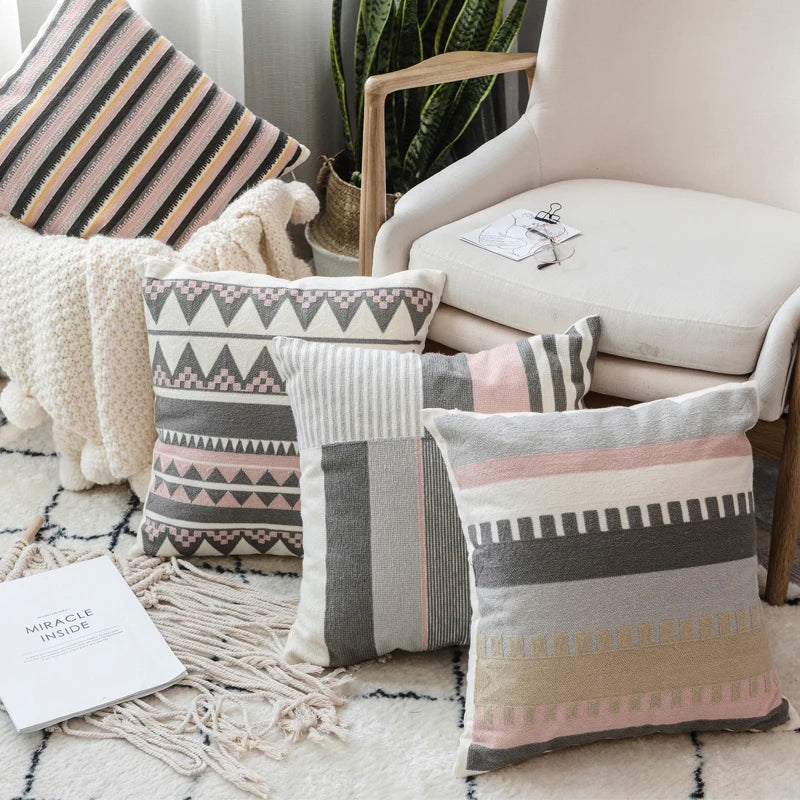 Geometric Pink Grey Embroidered Cushion Cover 45x45cm Afralia™ Home Decor