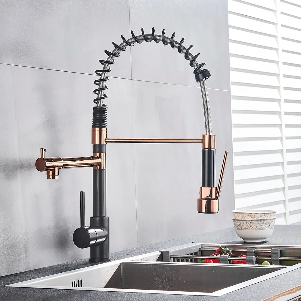 Afralia™ Rose Gold Black Kitchen Faucet with Dual Spouts and 360 Rotation
