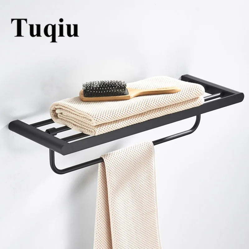 Afralia™ Matt Black Bathroom Accessories Set: Towel Rack, Corner Shelf, Paper Holder, Toilet Brush Holder.