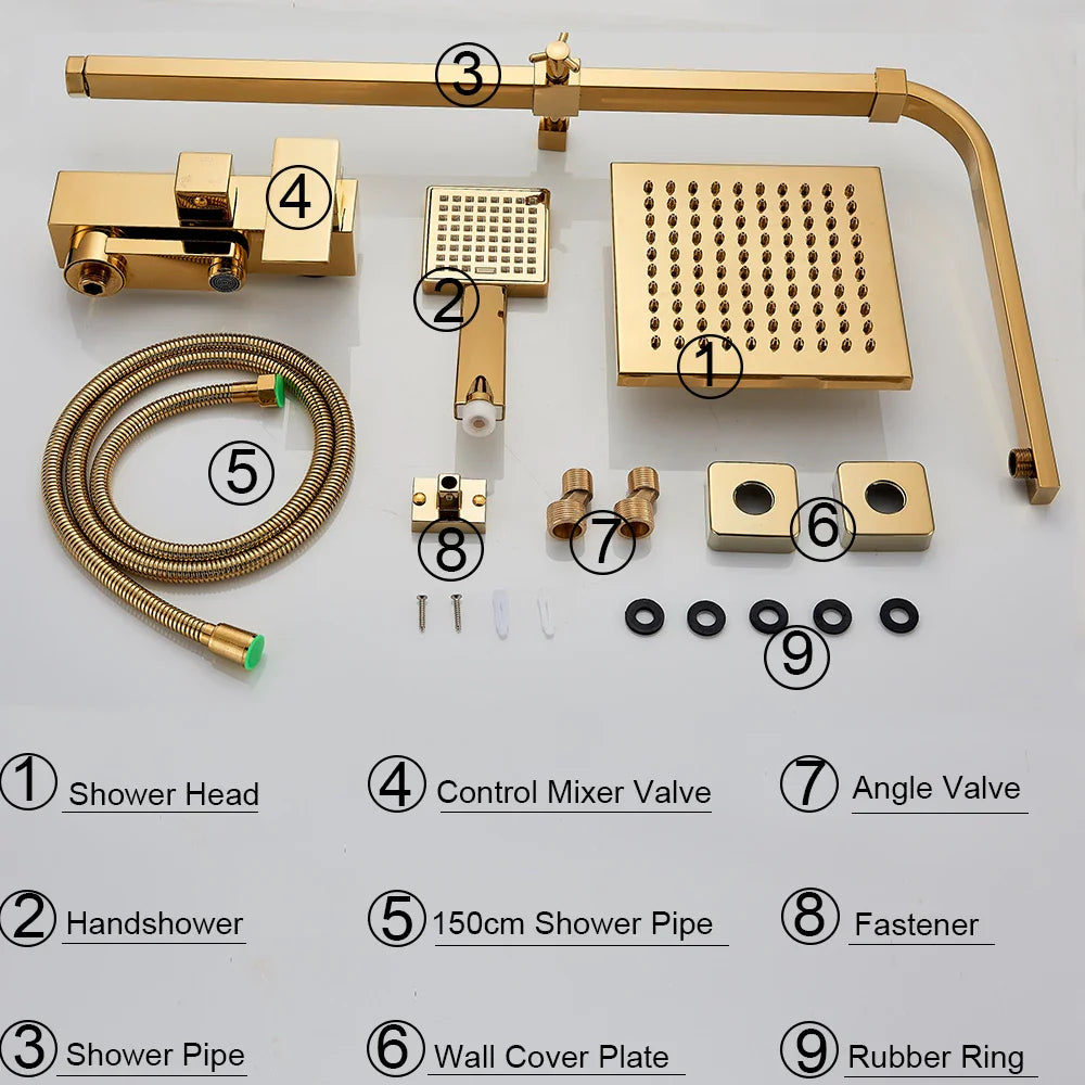 Afralia™ Golden Shower Faucet Set with 8" Rainfall Shower, Wall Mounted Hand Shower