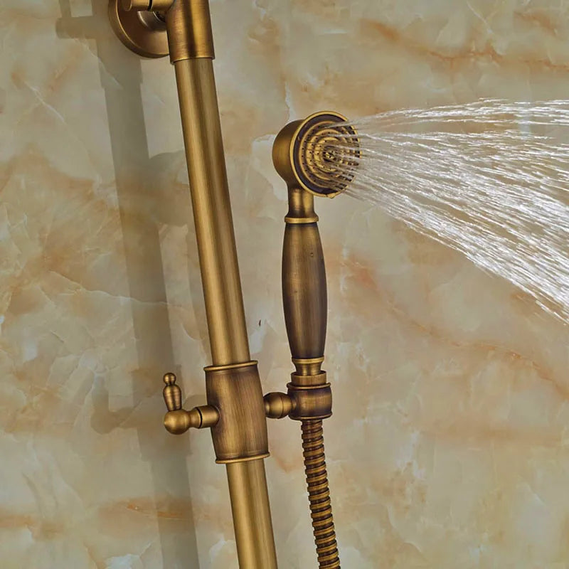 Afralia™ Antique Brass Wall Mount Shower Faucet with Hand Shower, 8" Rain Shower Head