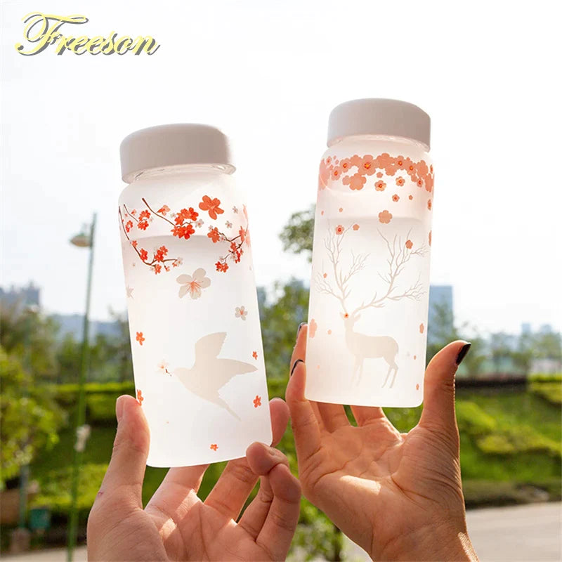 Afralia™ 430ml Swallow Frost Glass Water Bottle with Sleeve, Elk Design