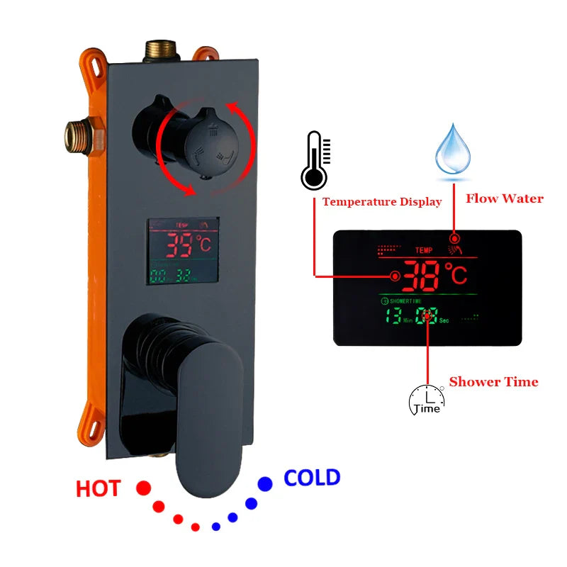 Afralia™ Matte Black Digital Display Shower Faucet Set with Concealed Mixing Valve