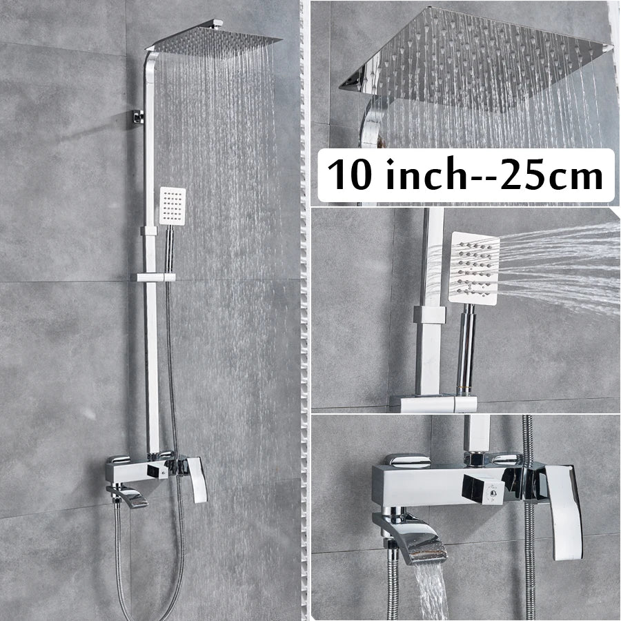 Afralia™ Chrome Shower Faucet System with Rainfall Head and Waterfall Tub Spout
