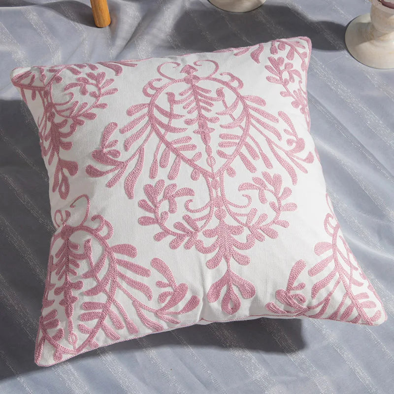 Afralia™ Pink Geometric Embroidered Cushion Cover 45x45cm Cotton Canvas Pillow Case
