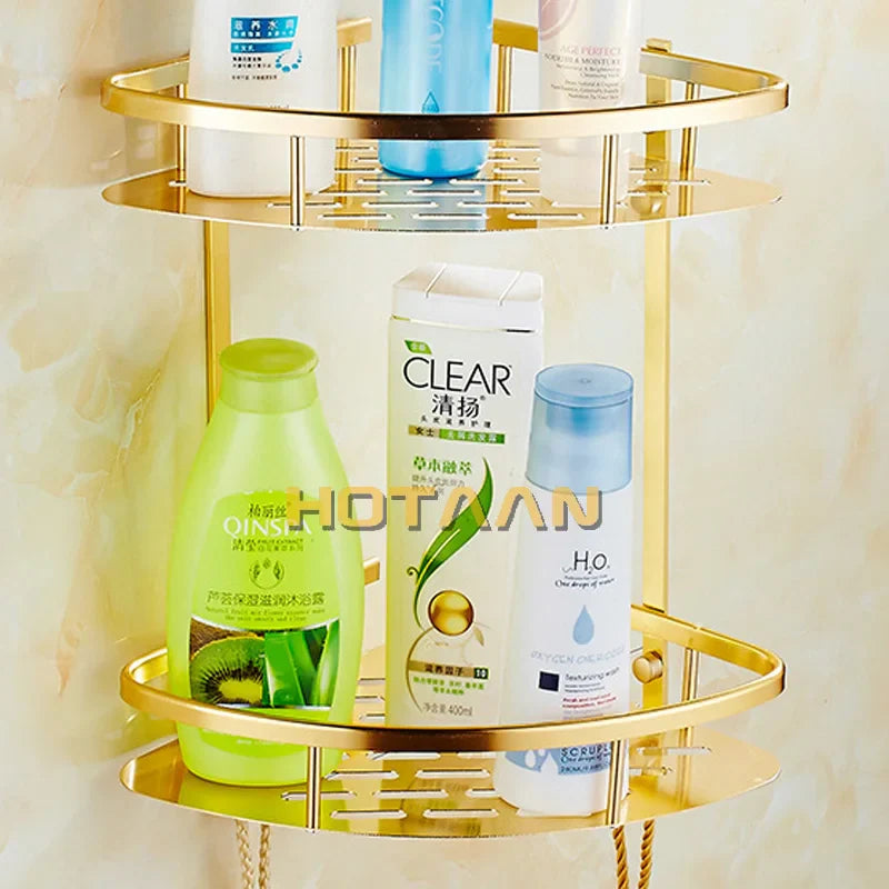 Afralia™ Gold Aluminum Shower Shelf Basket Double Layer Holder Fashion YT-7026