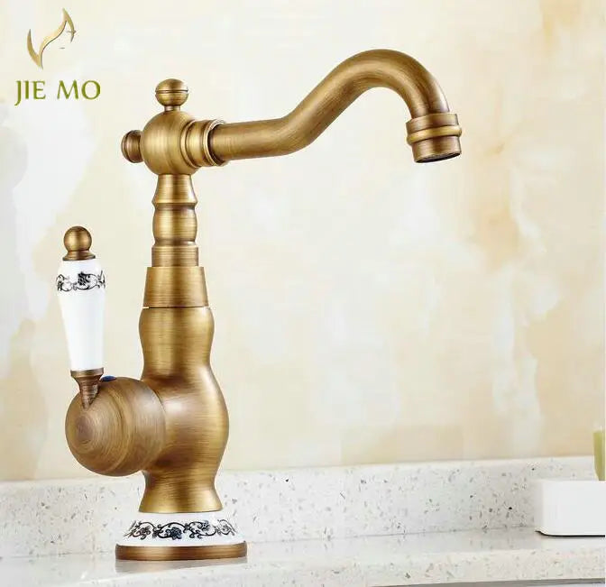 Afralia™ Antique Brass Porcelain Basin Mixer Hot Cold Tap - 360 Degree Swivel Kitchen Faucet