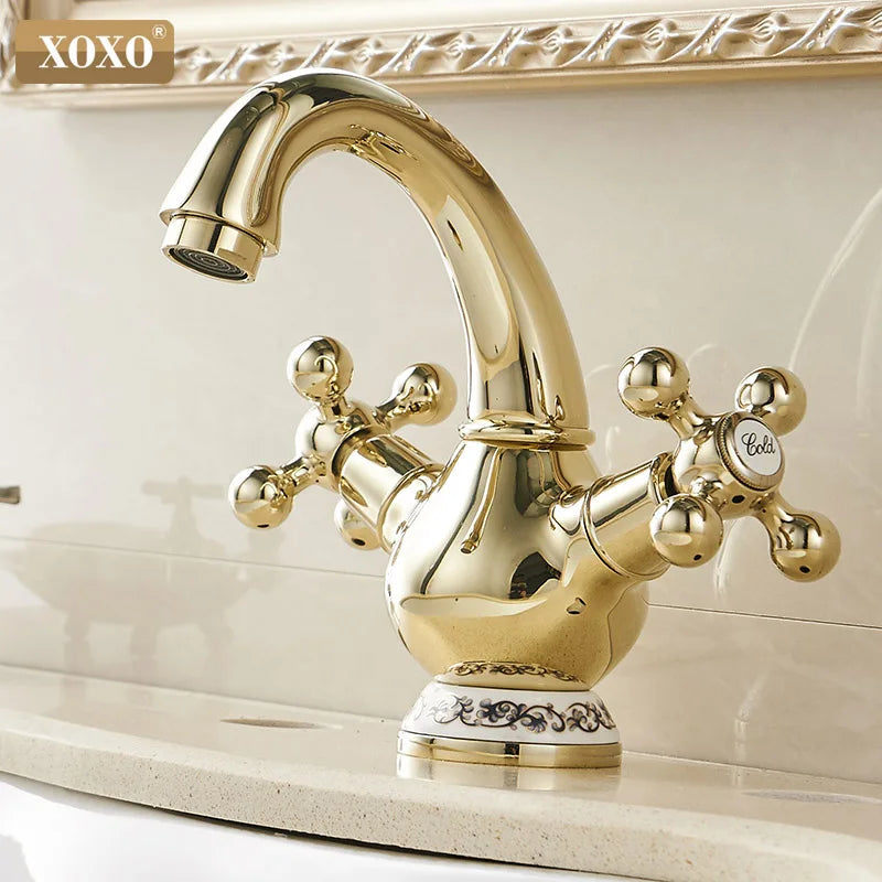 Afralia™ Double Handle Chrome Basin Faucet with Ceramic Decoration