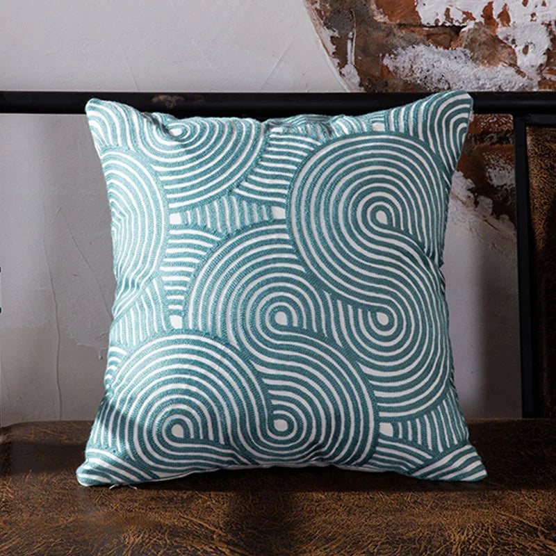 Afralia™ Blue Geometric Embroidered Canvas Cotton Cushion Cover 45x45cm