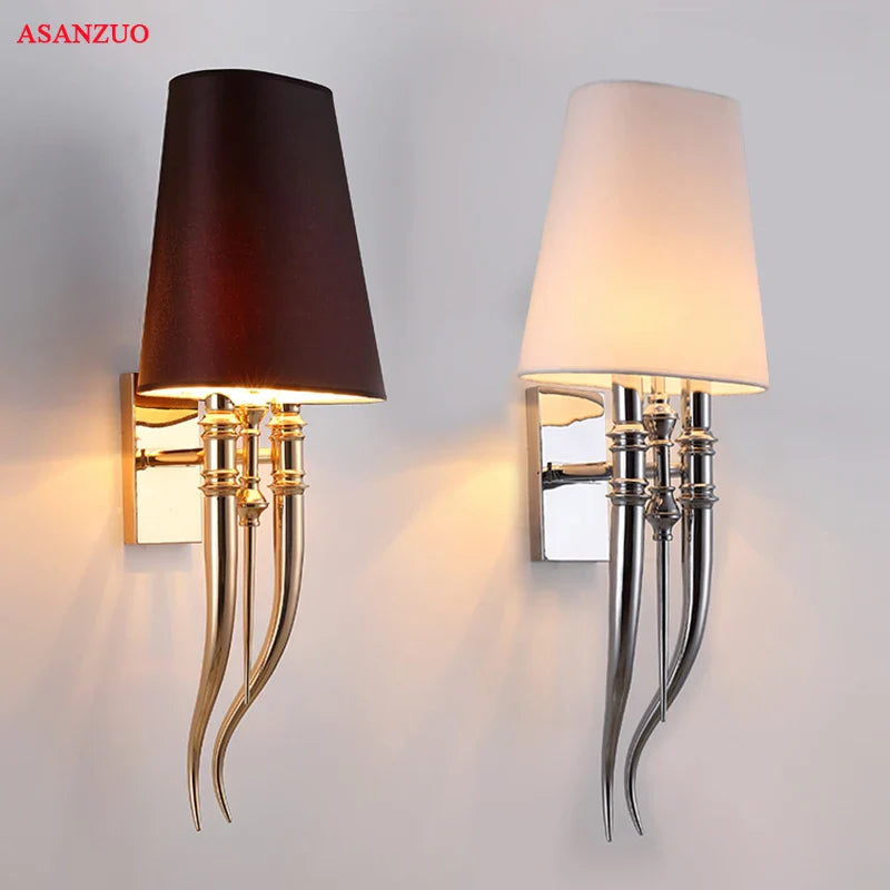 Afralia™ Iron Claw Horn Wall Sconce with Cloth Lampshade for Bedroom and Living Room