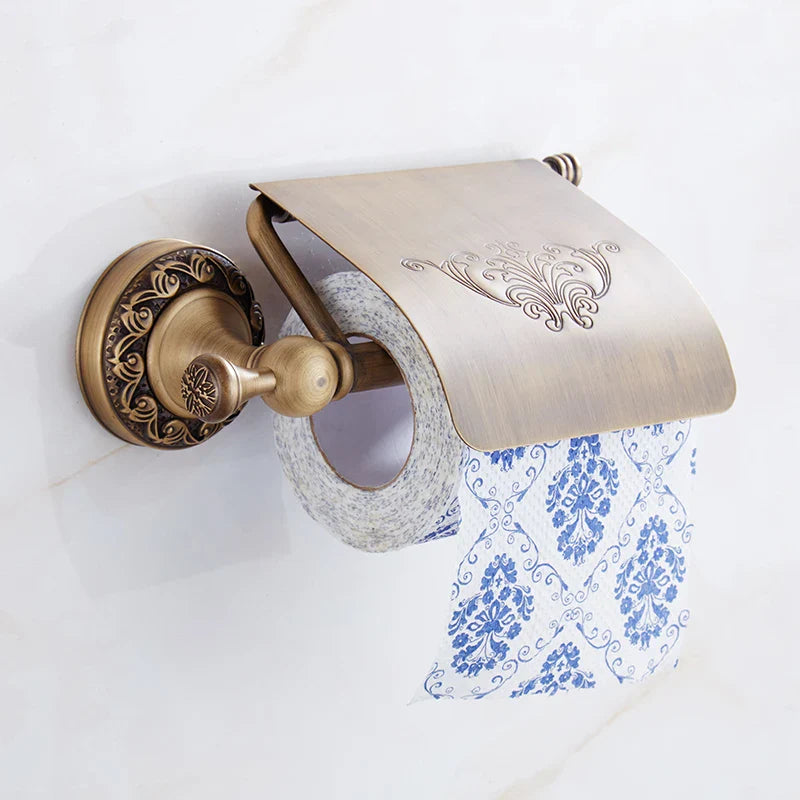 Afralia™ Brass Antique Bath Hardware Set: Towel Rack, Paper Holder, Towel Hanger, Toilet Brush Holder