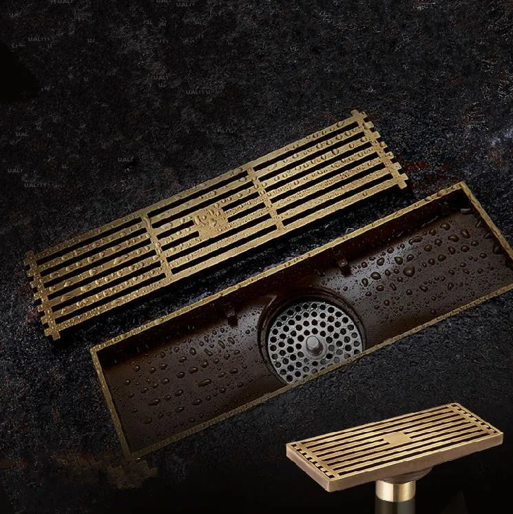 Afralia™ Antique Brass Linear Shower Floor Drain with Art Carved Cover