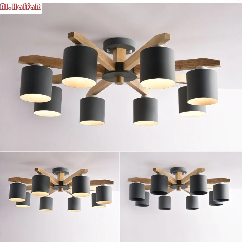 Afralia™ Nordic Wood LED Ceiling Chandelier E27 Creative Lighting Fixtures