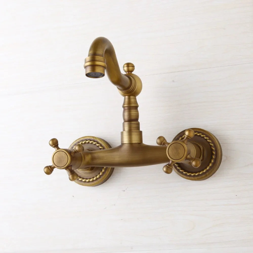 Afralia™ Antique Brass Wall Mounted Shower Faucet Hot Cold Mixer Faucet