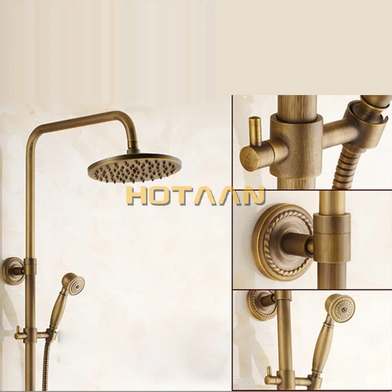 Afralia™ Antique Brass Bathroom Shower Faucet Set with Handshower, Tub Spout, and 8" Rainfall Head