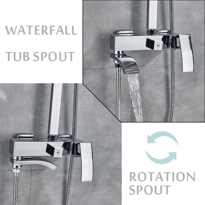 Afralia™ Chrome Shower Faucet System with Rainfall Head and Waterfall Tub Spout