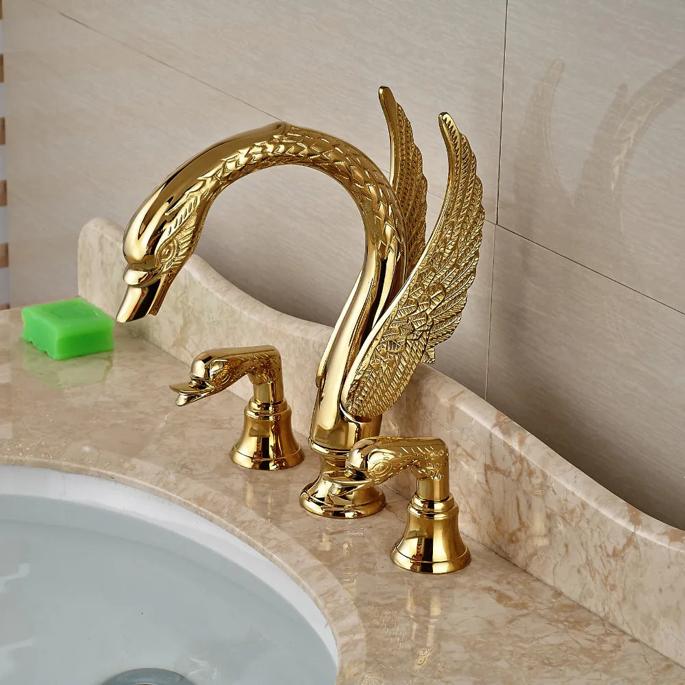Afralia™ Golden Swan Dual Handle Bathroom Faucet, Luxury Gold Finish Basin Tap