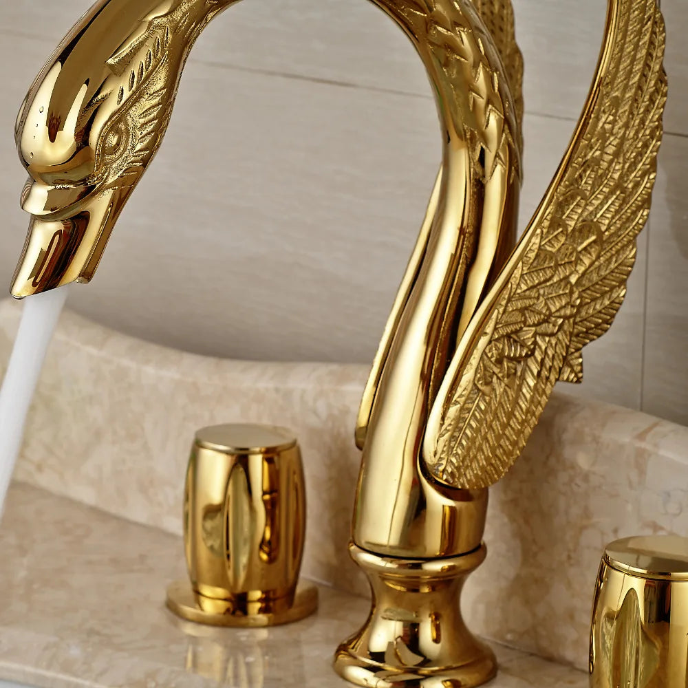 Afralia™ Swan Dual Handle Gold Basin Faucet | Widespread Bathroom Mixer Tap