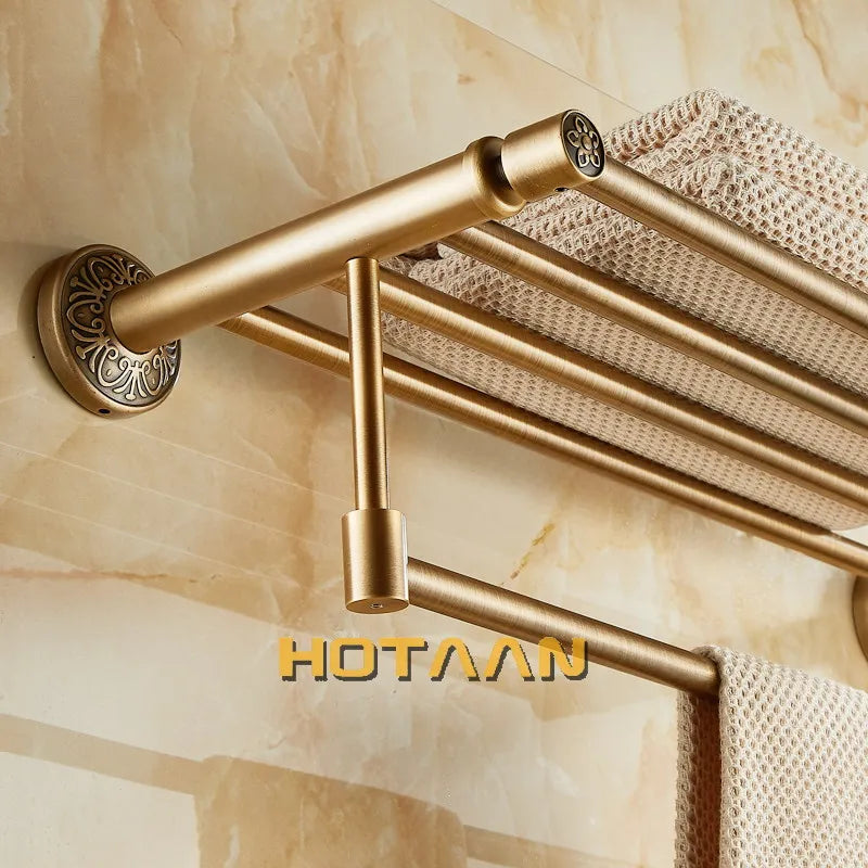 Afralia™ Brass Bath Towel Rack Square Double Towel Shelf Bathroom Accessories