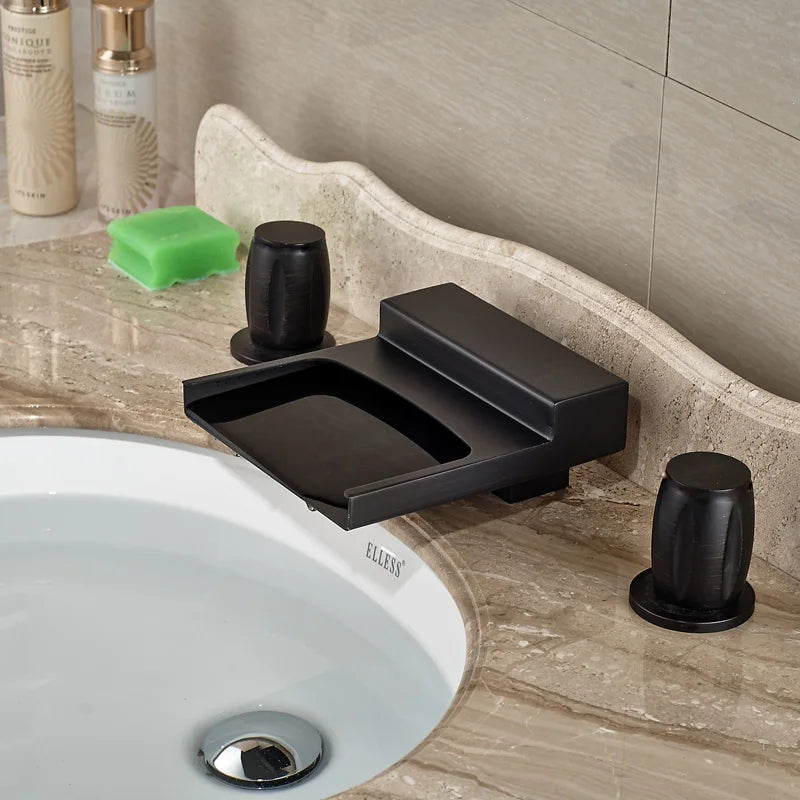 Afralia™ Black Wide Waterfall Spout Faucet Double Handle Bathroom Mixer Taps