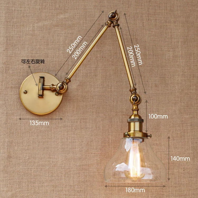 Afralia™ Brass Glass Ball Swing Arm Wall Light Vintage Industrial Lamp