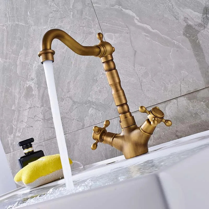 Afralia™ Dual Handle Swivel Sink Faucet Antique Brass Mixer Tap for Bathroom Kitchen