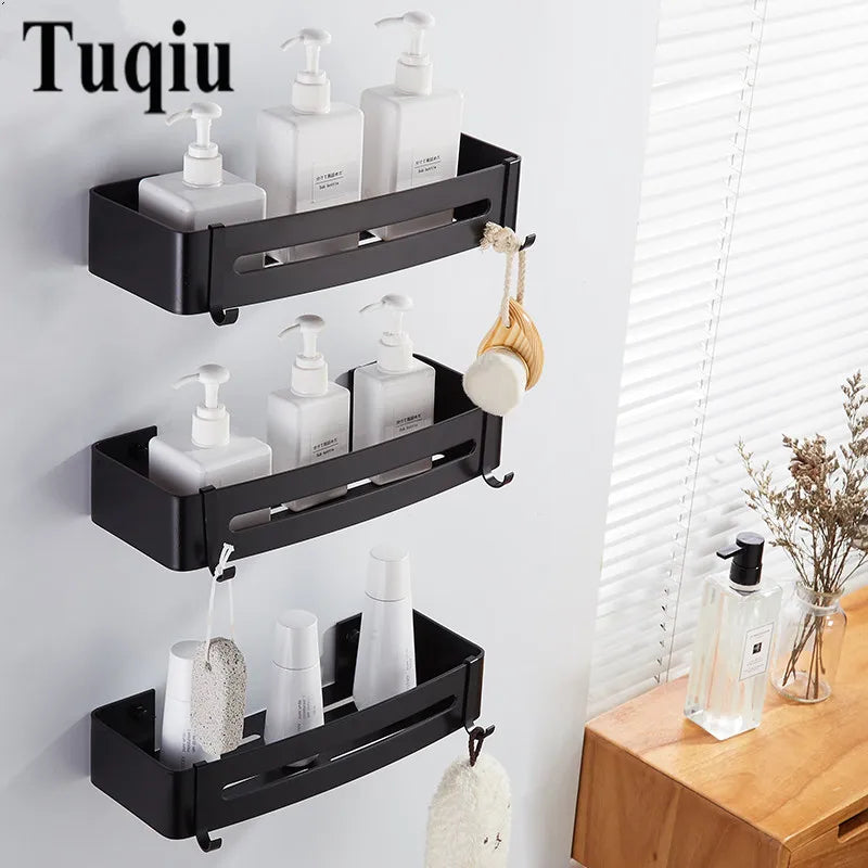 Afralia™ Black Aluminum Bathroom Corner Shelf Wall Mounted Soap Dish Holder