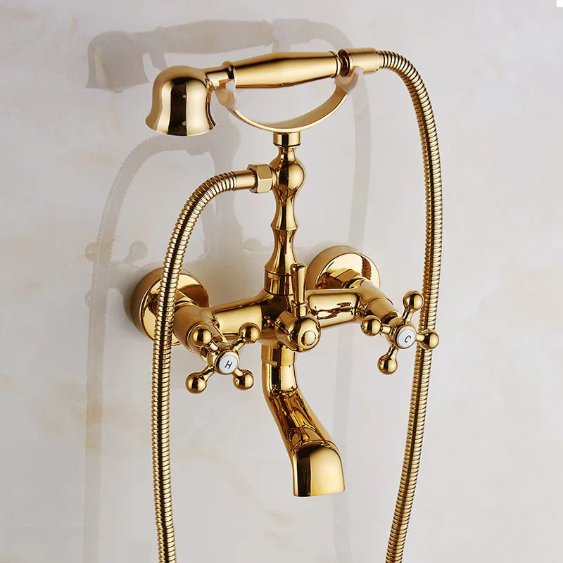 Afralia™ Gold Brass Bathroom Shower Faucet Set Single Handle Rainfall Wall Mounted