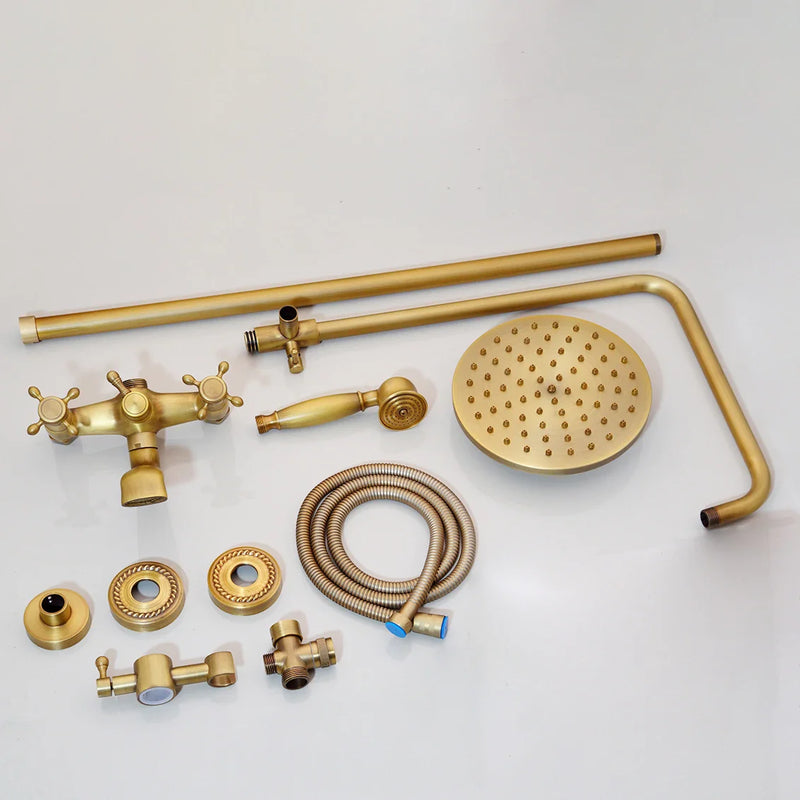 Afralia™ Antique Brass Rainfall Shower Faucet Set with Handshower and Shelf