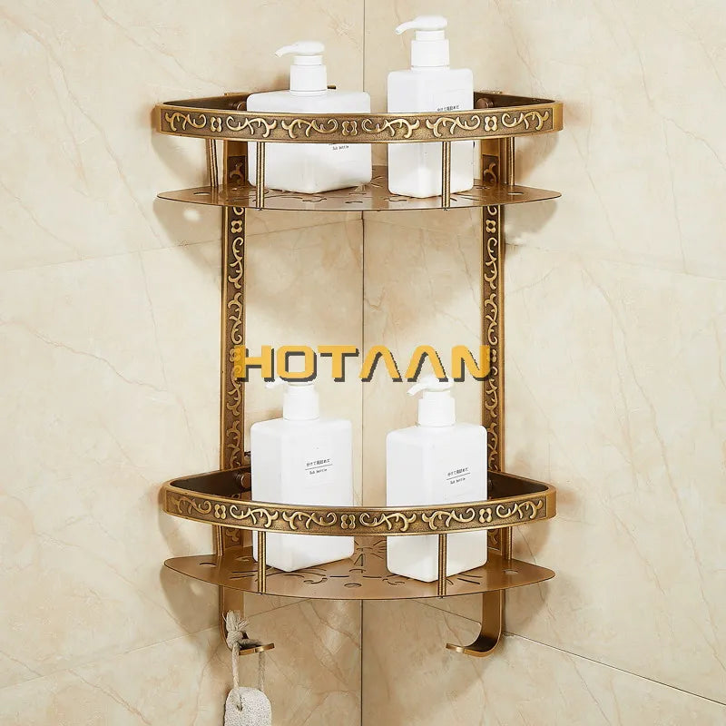 Afralia™ Antique Aluminum Double Layer Bathroom Corner Shelf - Bathroom Holder Organizer