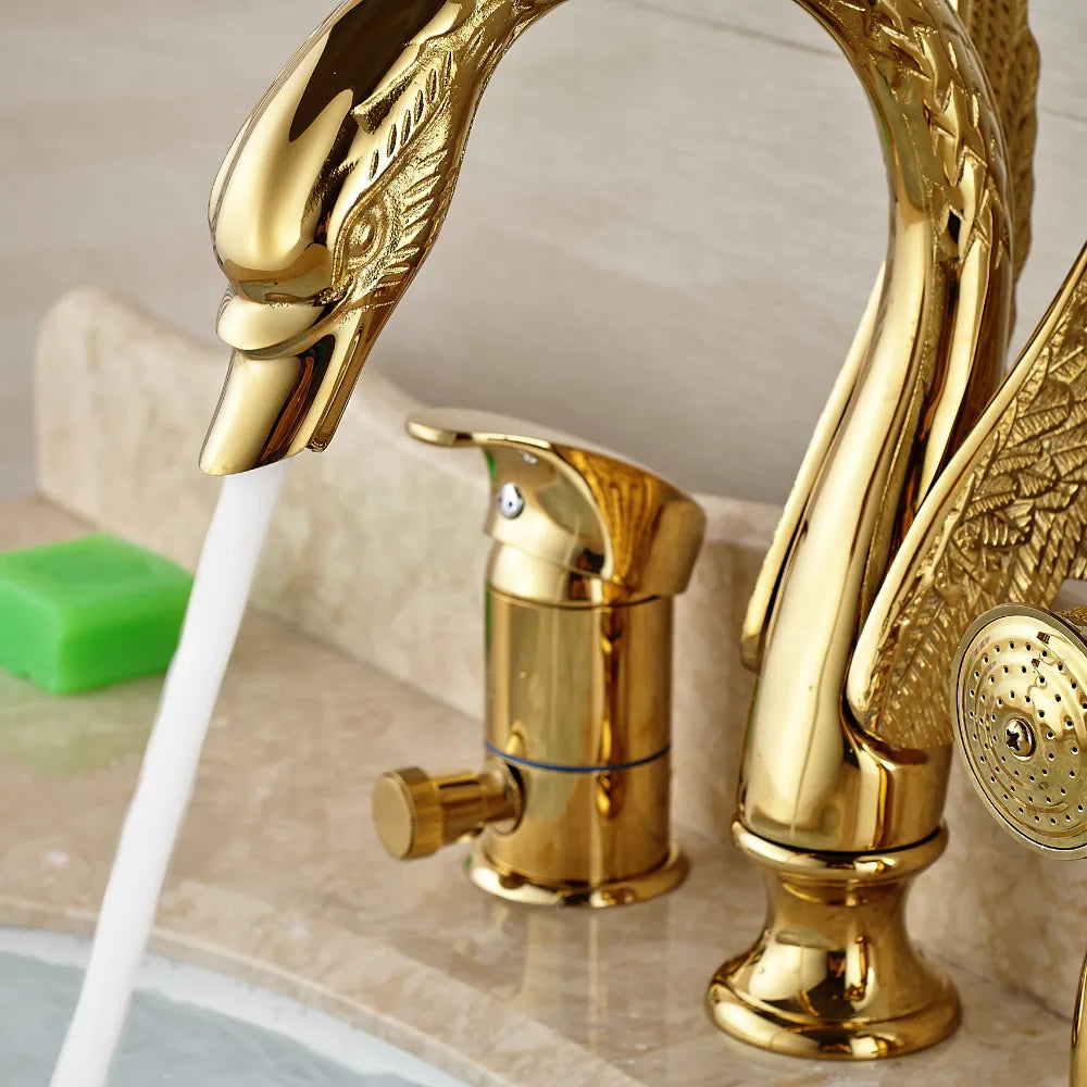 Afralia™ Swan Bathtub Faucet Deck Mount with Handheld Shower - Golden Finish