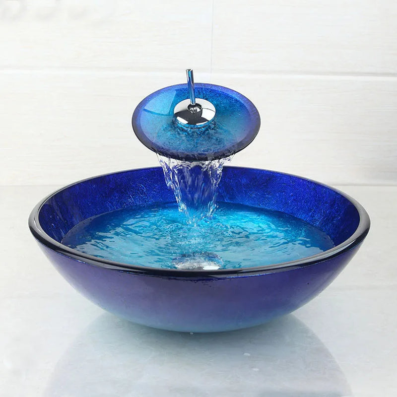 Afralia™ Blue Chrome Tall Basin Tap with Hand-Painted Glass Waterfall Sink Set