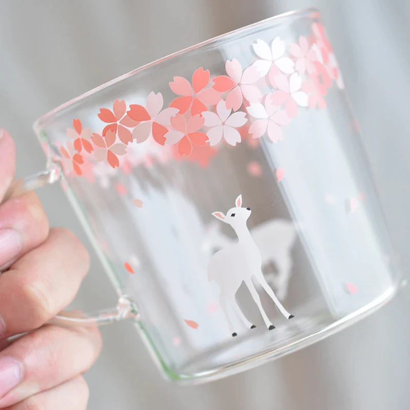 Afralia™ Sakura Glass Coffee Mug Cat Deer Rabbit Tea Cup Maid Drinkware