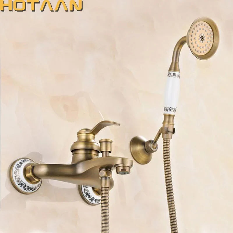 Afralia™ Antique Brass Hand Held Shower Head Kit for Wall Mounted Bathtub - YT-5340-B