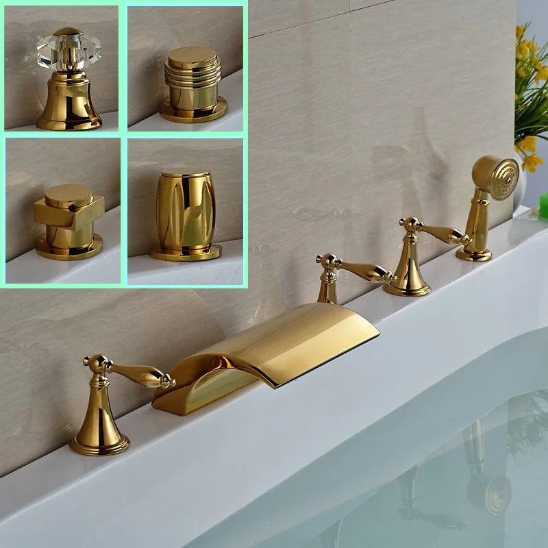 Afralia™ Golden Widespread Brass Bathtub Faucet with Handheld Shower