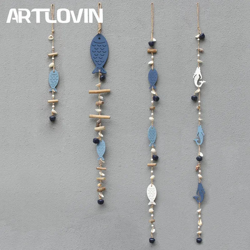 Afralia™ Blue Fish Sea-maid Pendant Drift Wood Bells Wall Decoration