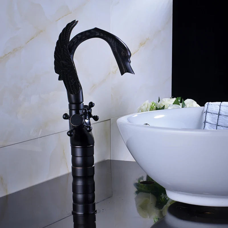 Afralia™ Black Bronze Swan Basin Faucet Dual Cross Handle Deck Mounted Bathroom Mixer