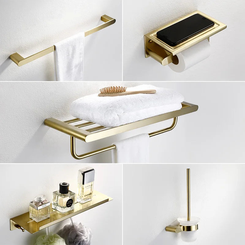 Afralia™ Brushed Gold Bathroom Hardware Set: Towel Rack, Paper Holder, Toilet Brush Holder, Hooks