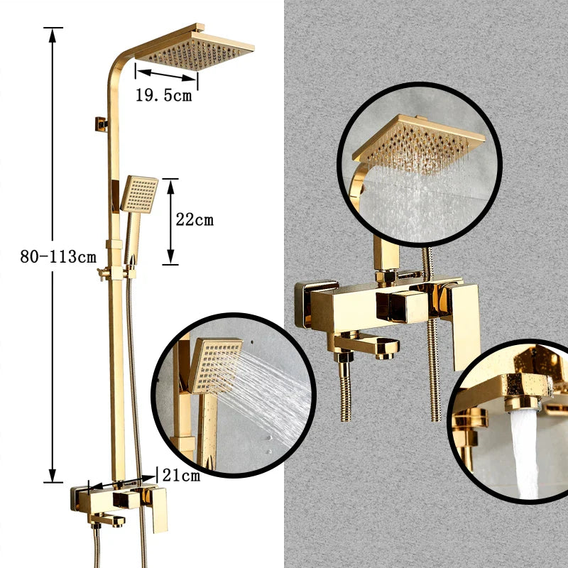 Afralia™ Luxury Gold Brass Wall Mount Shower Faucet Set with Rainfall Head