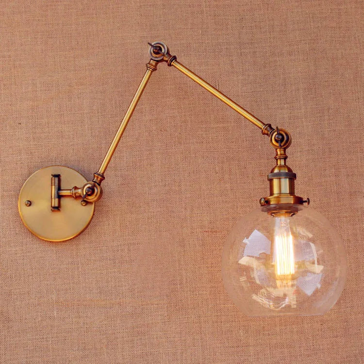 Afralia™ Brass Glass Ball Swing Arm Wall Light Vintage Industrial Lamp