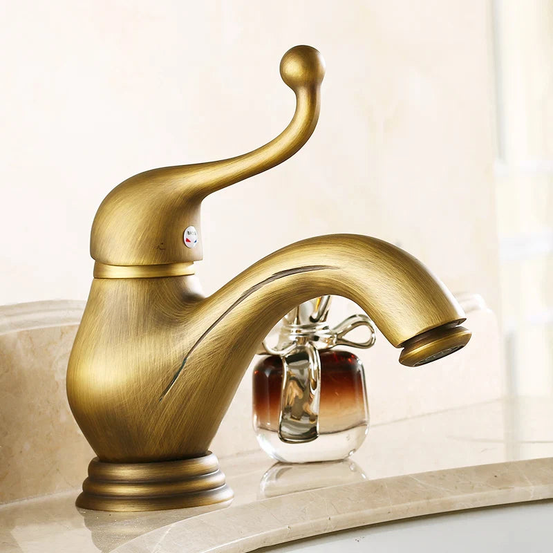 Afralia™ Antique Brass Single Handle Deck Mount Bathroom Sink Faucet.