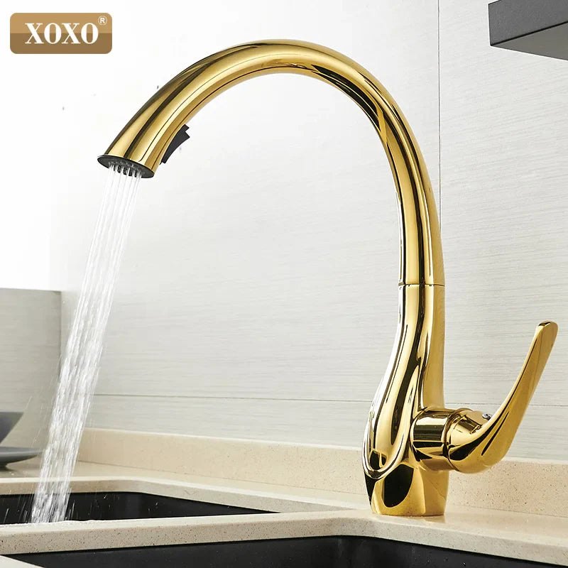 Afralia™ Golden Pull Out Kitchen Faucet Single Handle 360° Water Mixer Tap