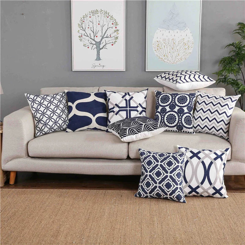 Afralia™ Blue Zigzag Geometric Embroidered Cushion Cover 45x45cm