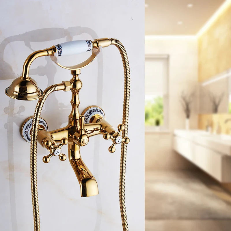 Afralia™ Gold Brass Bathroom Shower Faucet Set Single Handle Rainfall Wall Mounted