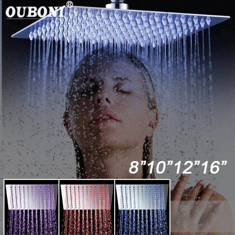 Afralia™ LED Shower Head Square with Temperature Control 3 Color Lights Ultra Thin