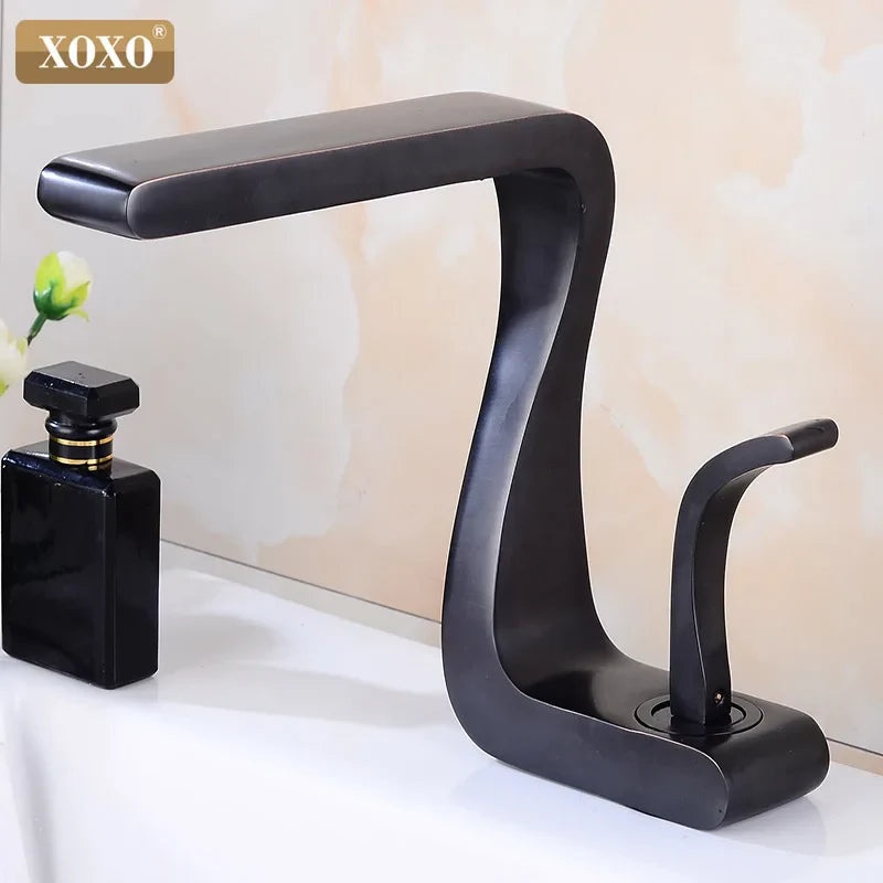 Afralia™ Black Brass Single Handle Basin Faucet, Deck Mounted Bathroom Sink Mixer