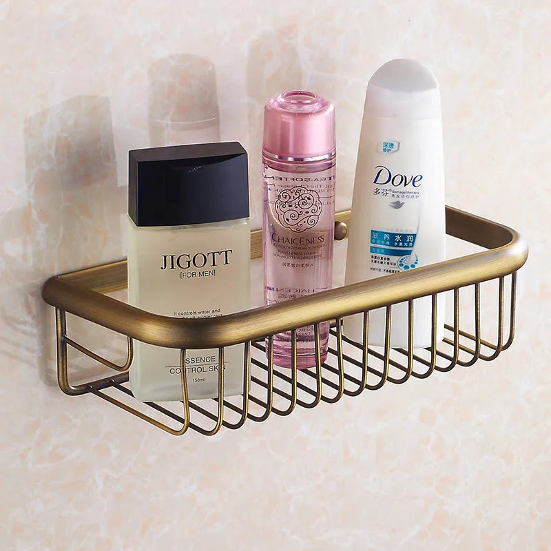 Afralia™ Solid Brass Shower Basket: Wall-Mounted Bathroom Shelf for Bath Essentials