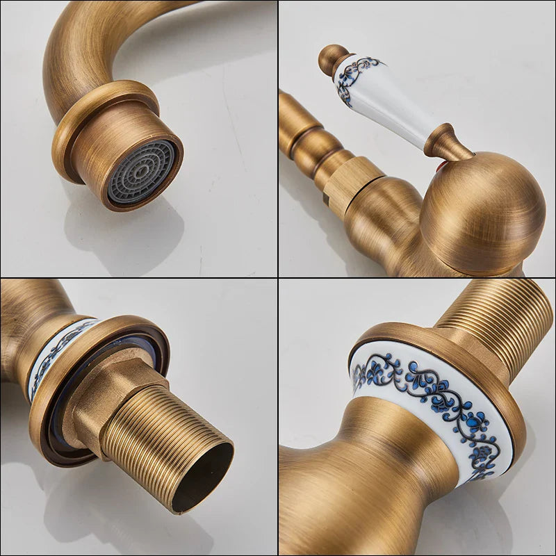 Afralia™ Antique Brass Ceramic Handle Basin Faucet, Deck Mounted Kitchen Sink Mixer Tap